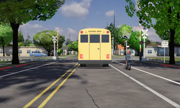 Roadfeel’s 3D drive: a school bus and a cyclist at a Palo Alto rail crossing