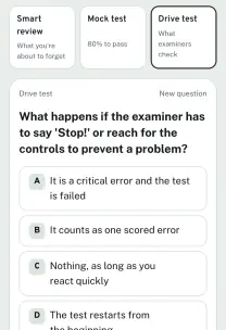 Roadfeel app screen: a drive-test practice question