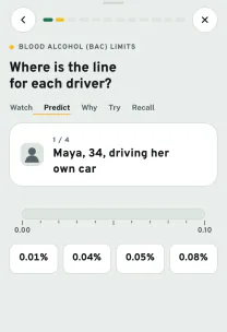 Roadfeel app screen: the lesson “Alcohol, drugs and phones”