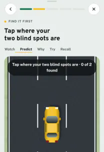 Roadfeel app screen: the lesson “Blind spots & lane changes”