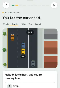 Roadfeel app screen: the lesson “After a collision”
