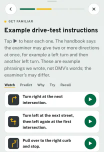 Roadfeel app screen: the lesson “Understand the examiner”