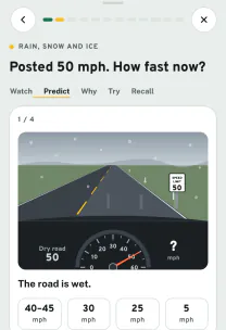 Roadfeel app screen: the lesson “Conditions and emergencies”
