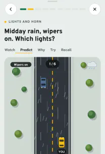 Roadfeel app screen: the lesson “Lights, seat belts and child seats”
