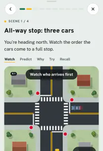 Roadfeel app screen: the lesson “Who goes first?”