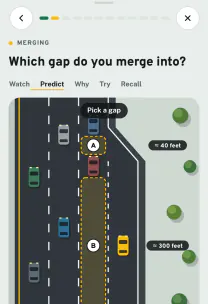 Roadfeel app screen: the lesson “Freeway rules”