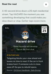 Roadfeel app screen: the lesson “Read the road”