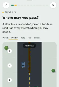 Roadfeel app screen: the lesson “Lines, lanes and turns”