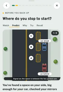 Roadfeel app screen: the lesson “Parallel parking within 12 inches”