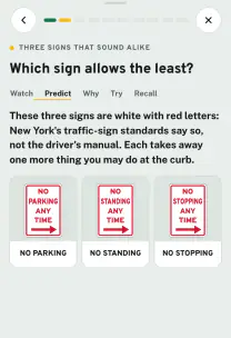 Roadfeel app screen: the lesson “NO PARKING, NO STANDING, NO STOPPING”