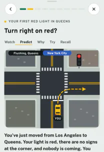 Roadfeel app screen: the lesson “Red lights: NYC vs. the rest of the state”