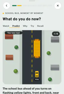 Roadfeel app screen: the lesson “School buses: stop, even across a divided highway”
