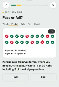 Roadfeel app screen: the lesson “Road signs: the 2-of-4 rule”