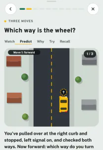 Roadfeel app screen: the lesson “The three-point turn”
