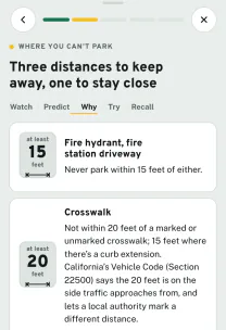 Roadfeel app screen: the lesson “Where you can’t park”