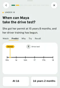 Roadfeel app screen: the lesson “Permit and teen license rules”