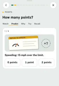 Roadfeel app screen: the lesson “Points, suspensions and penalties”