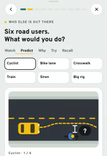 Roadfeel app screen: the lesson “Sharing the road”
