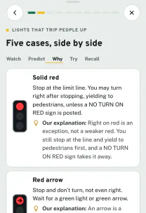 Roadfeel app screen: the lesson “Lights that trip people up”