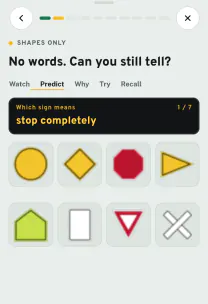 Roadfeel app screen: the lesson “Signs by shape and color”