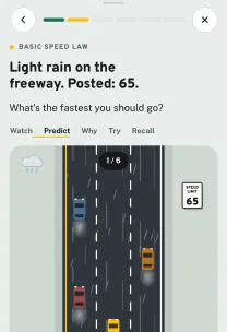 Roadfeel app screen: the lesson “Speed laws”