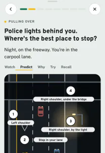 Roadfeel app screen: the lesson “When police pull you over”