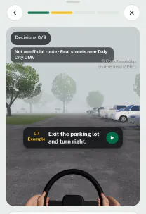 Roadfeel app screen: the 3D drive near Daly City DMV