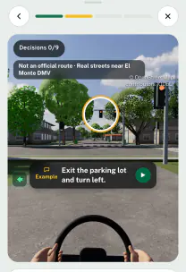 Roadfeel app screen: the lesson “Practice near El Monte DMV”