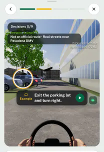 Roadfeel app screen: the 3D drive near Pasadena DMV