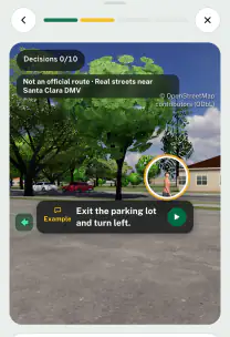 Roadfeel app screen: the 3D drive near Santa Clara DMV