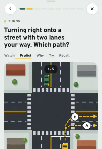 Roadfeel app screen: the lesson “Turns, intersections and roundabouts”