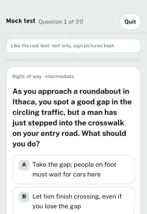 Roadfeel app screen: a New York mock-test question