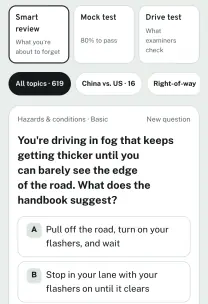 Roadfeel app screen: a practice question