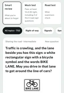 Roadfeel app screen: a New York practice question